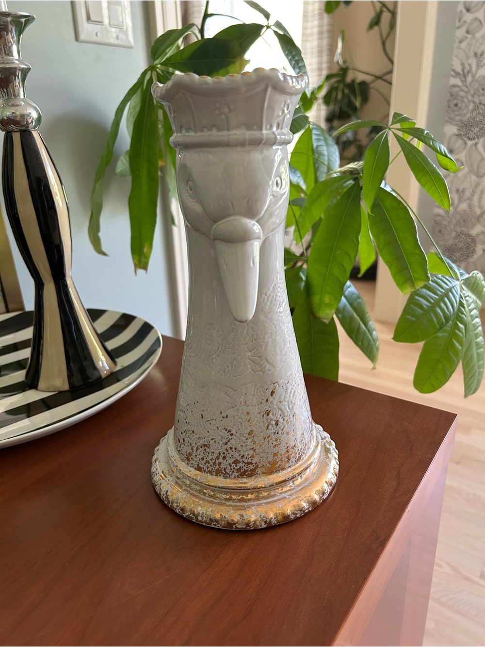 Anthropologie White Ceramic Duck Head Vase with Gold Accent